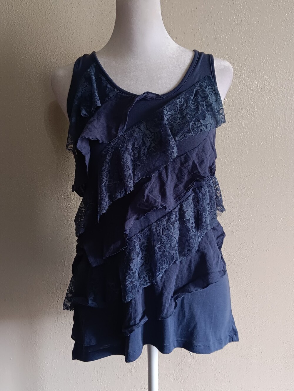 Y2K Fairy Grunge Women’s Navy Ruffle Lace Tank, Eyelash Couture Medium Top